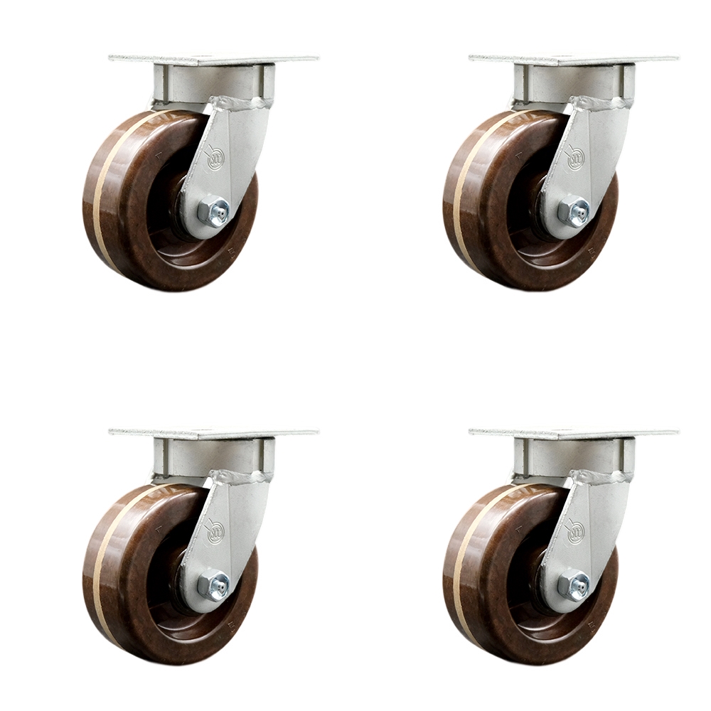 Kingpinless High Temperature Phenolic Swivel Top Plate Caster Set of 4 w/5" x 2" Brown Wheels - Includes 4 Swivel - 4000 lbs Total Capacity - Service Caster Brand — photo 1