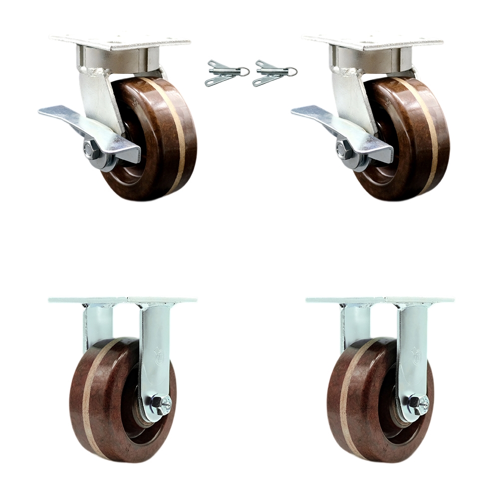 Kingpinless High Temperature Phenolic Swivel Top Plate Caster Set of 4 w/5" x 2" Brown Wheels - Includes 2 Swivel with Bolt on Swivel Locks & 2 Rigid - 4000 lbs Total Capacity - Service Caster Brand — photo 1