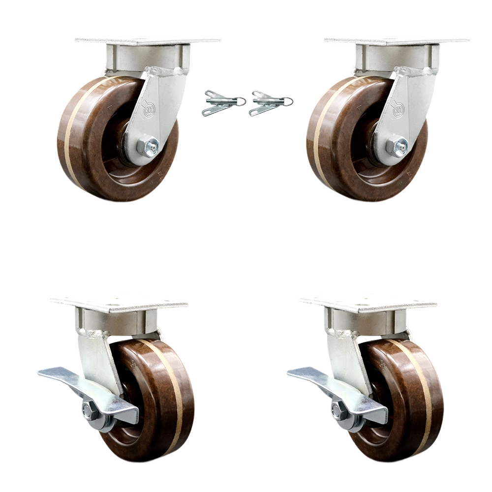 Kingpinless High Temperature Phenolic Swivel Top Plate Caster Set of 4 w/5" x 2" Brown Wheels-Includes 2 Swivel with Bolt on Swivel Locks&2 Swivel with Brakes-4000lbs Total Cpty - Service Caster Brand — photo 1