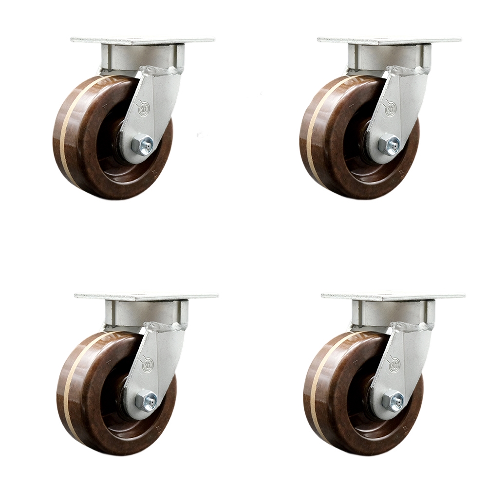 Kingpinless High Temperature Phenolic Swivel Top Plate Caster Set of 4 w/5" x 2" Brown Wheels - Includes 4 Swivel w/Bolt on Swivel Locks - 4000 lbs Total Capacity - Service Caster Brand — photo 1