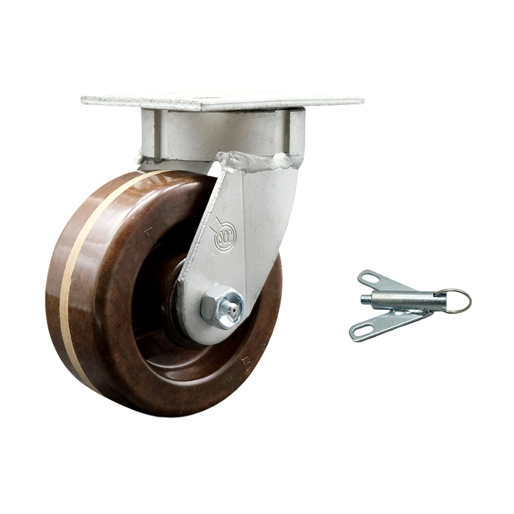 Kingpinless High Temperature Phenolic Swivel Top Plate Caster w/5" x 2" Brown Wheel & Bolt on Swivel Lock - 1000 lbs Capacity/Caster - Service Caster Brand — photo 1