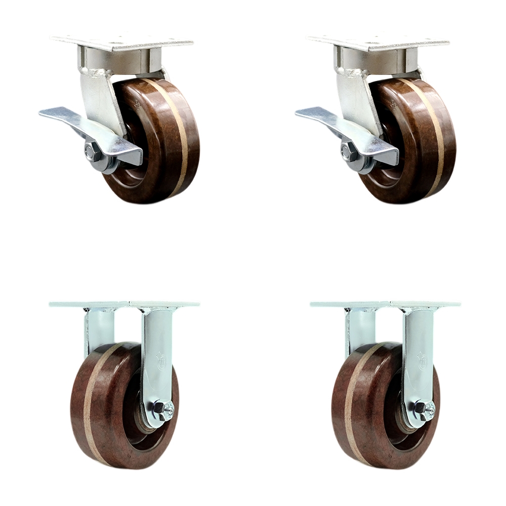 Kingpinless High Temperature Phenolic Swivel Top Plate Caster Set of 4 w/5" x 2" Brown Wheels - Includes 2 Swivel with Brakes & 2 Rigid - 4000 lbs Total Capacity - Service Caster Brand — photo 1