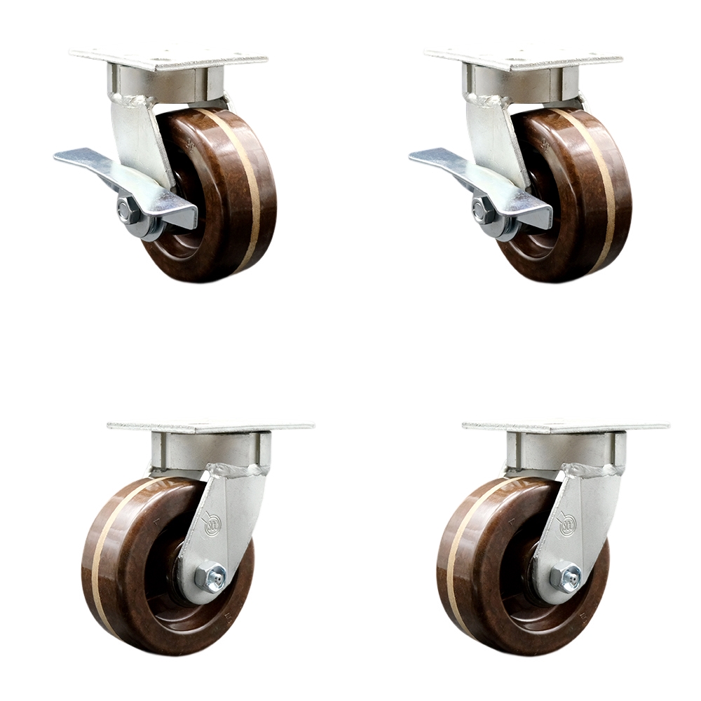 Heavy Duty Kingpinless Swivel Caster Set with 5 Inch High Temperature Glass Filled Nylon Wheels - Includes 2 Swivel with Brakes and Swivel Locks and 2 Swivel with Swivel Locks - Service Caster Brand — photo 1
