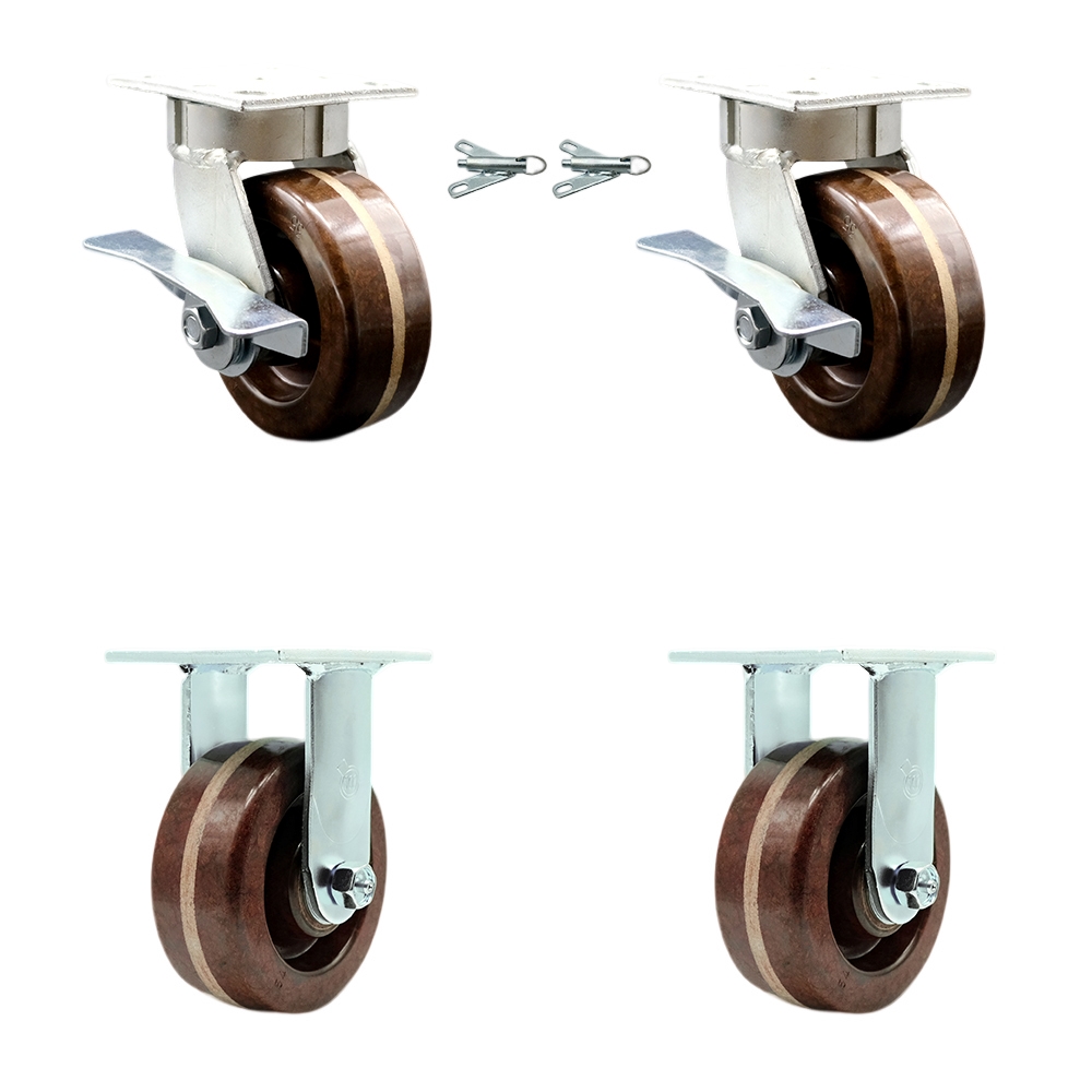 Kingpinless High Temperature Phenolic Swivel Top Plate Caster Set of 4 w/5" x 2" Brown Wheels-Includes 2 Swivel with Brakes and Bolt on Swivel Locks & 2 Rigid-4000lbs Total Cpty - Service Caster Brand — photo 1