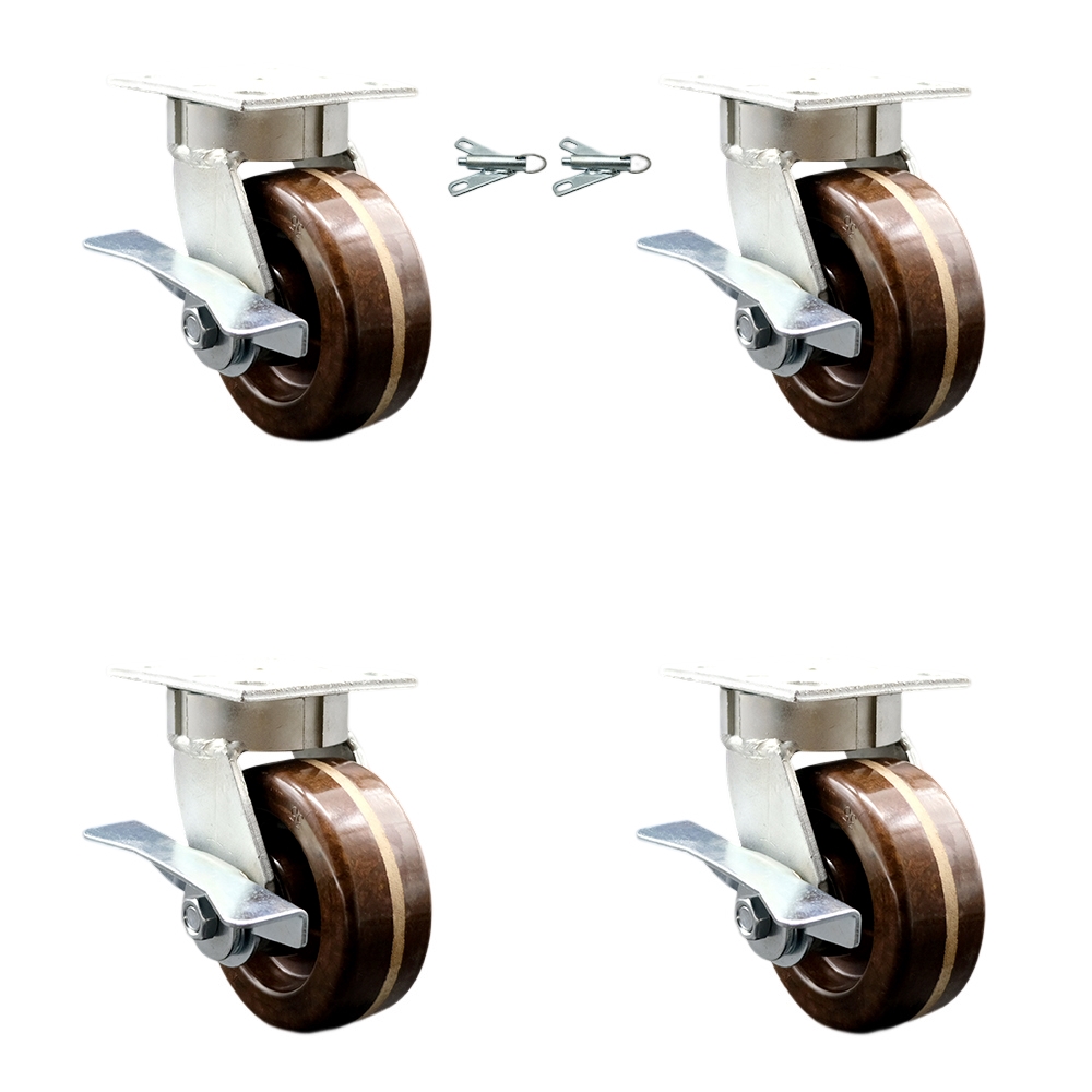 Kingpinless High Temp Phenolic Swivel Top Plate Caster Set 4 w/5" x 2" Brown Wheels-Includes 2 Swivel with Brakes and Bolt on Swivel Locks&2 Swivel with Brakes-4000 lbs Total Cpty-Service Caster Brand — photo 1