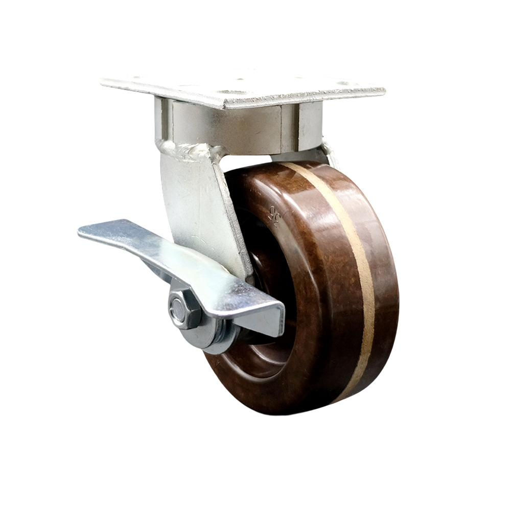 Kingpinless High Temperature Phenolic Swivel Top Plate Caster w/5" x 2" Brown Wheel & Side Lck Brake - 1000 lbs Capacity/Caster - Service Caster Brand — photo 1