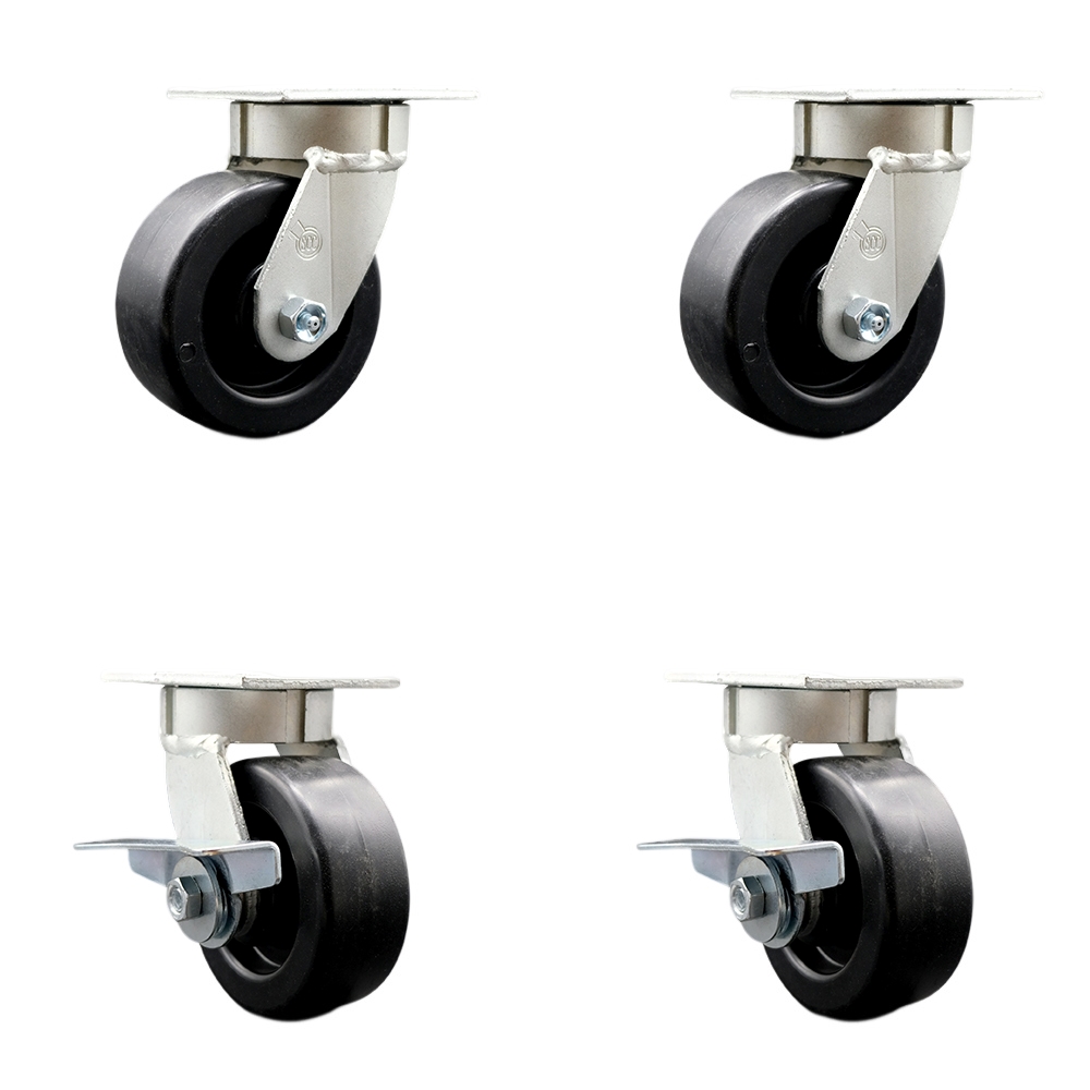 Kingpinless Polyolefin Swivel Top Plate Caster Set of 4 w/5" x 2" Black Wheels - Includes 2 Swivel with Brakes & 2 Swivel - 2600 lbs Total Capacity - Service Caster Brand — photo 1