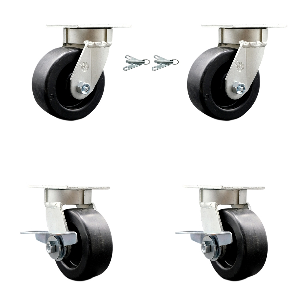 Kingpinless Polyolefin Swivel Top Plate Caster Set of 4 w/5" x 2" Black Wheels - Includes 2 Swivel with Bolt on Swivel Locks&2 Swivel with Brakes-2600 lbs Total Capacity - Service Caster Brand — photo 1