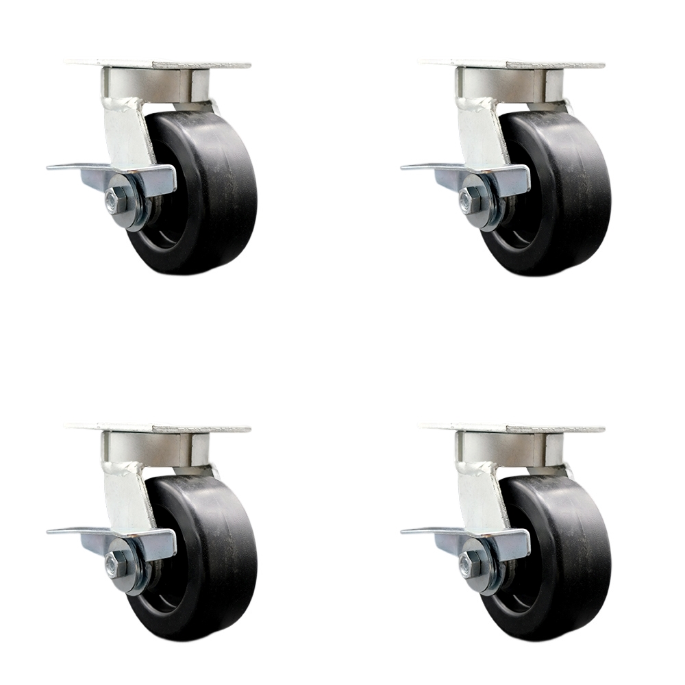 Kingpinless Polyolefin Swivel Top Plate Caster Set of 4 w/5" x 2" Black Wheels - Includes 4 Swivel w/Side Lck Brakes - 2600 lbs Total Capacity - Service Caster Brand — photo 1