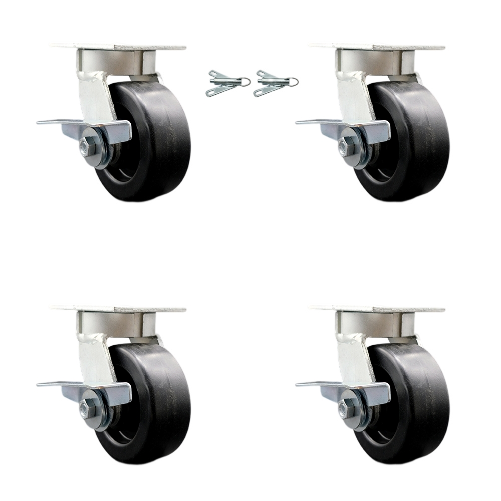 Kingpinless Polyolefin Swivel Top Plate Caster Set 4 w/5" x 2" Black Wheels-Includes 2 Swivel with Brakes and Bolt on Swivel Locks&2 Swivel with Brakes-2600 lbs Total Cpty-Service Caster Brand — photo 1