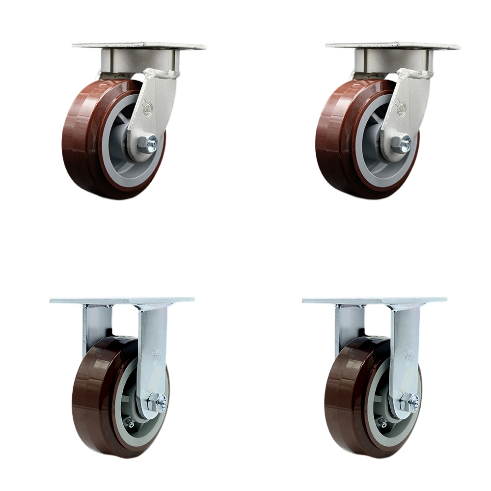 Kingpinless Polyurethane on Polyolefin Swivel Top Plate Caster Set of 4 w/5" x 2" Maroon Wheels - Includes 2 Swivel & 2 Rigid - 3000 lbs Total Capacity - Service Caster Brand — photo 1