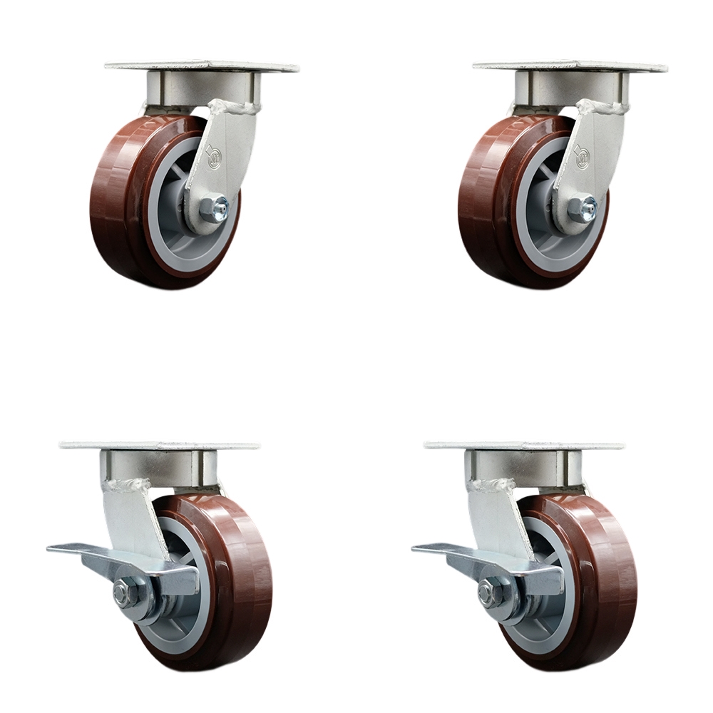 Kingpinless Polyurethane on Polyolefin Swivel Top Plate Caster Set of 4 w/5" x 2" Maroon Wheels - Includes 2 Swivel with Brakes & 2 Swivel - 3000 lbs Total Capacity - Service Caster Brand — photo 1