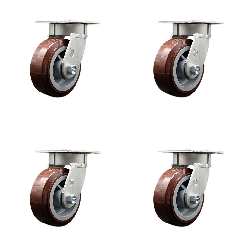 Kingpinless Polyurethane on Polyolefin Swivel Top Plate Caster Set of 4 w/5" x 2" Maroon Wheels - Includes 4 Swivel - 3000 lbs Total Capacity - Service Caster Brand — photo 1