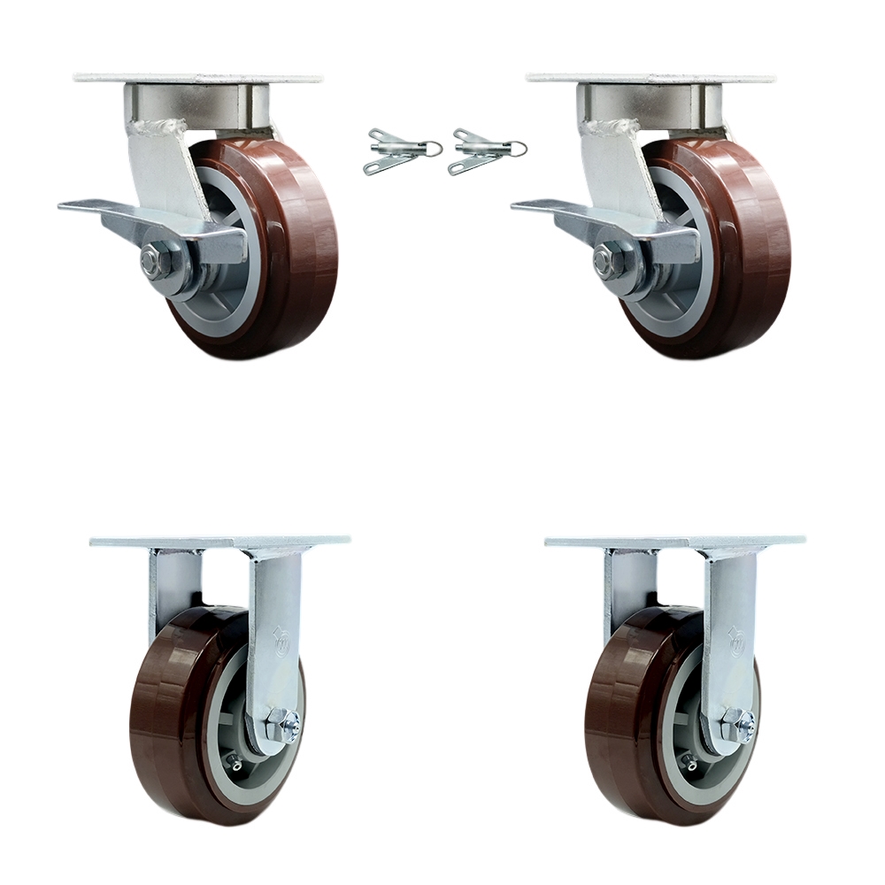 Kingpinless Polyurethane on Polyolefin Swivel Top Plate Caster Set of 4 w/5" x 2" Maroon Wheels - Includes 2 Swivel with Bolt on Swivel Locks & 2 Rigid - 3000 lbs Total Capacity - Service Caster Brand — photo 1