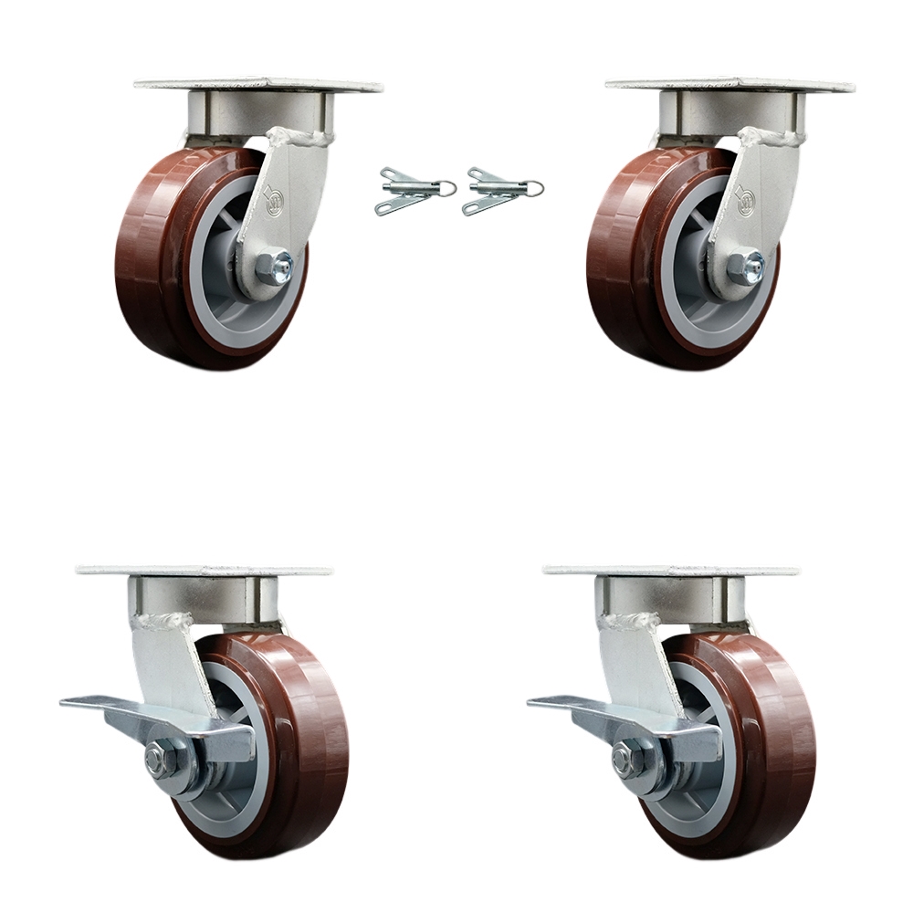 Kingpinless Polyurethane on Polyolefin Swivel Top Plate Caster Set of 4 w/5" x 2" Maroon Wheels-Includes 2 Swivel with Bolt on Swivel Locks&2 Swivel with Brakes-3000lbs Total Cpty-Service Caster Brand — photo 1