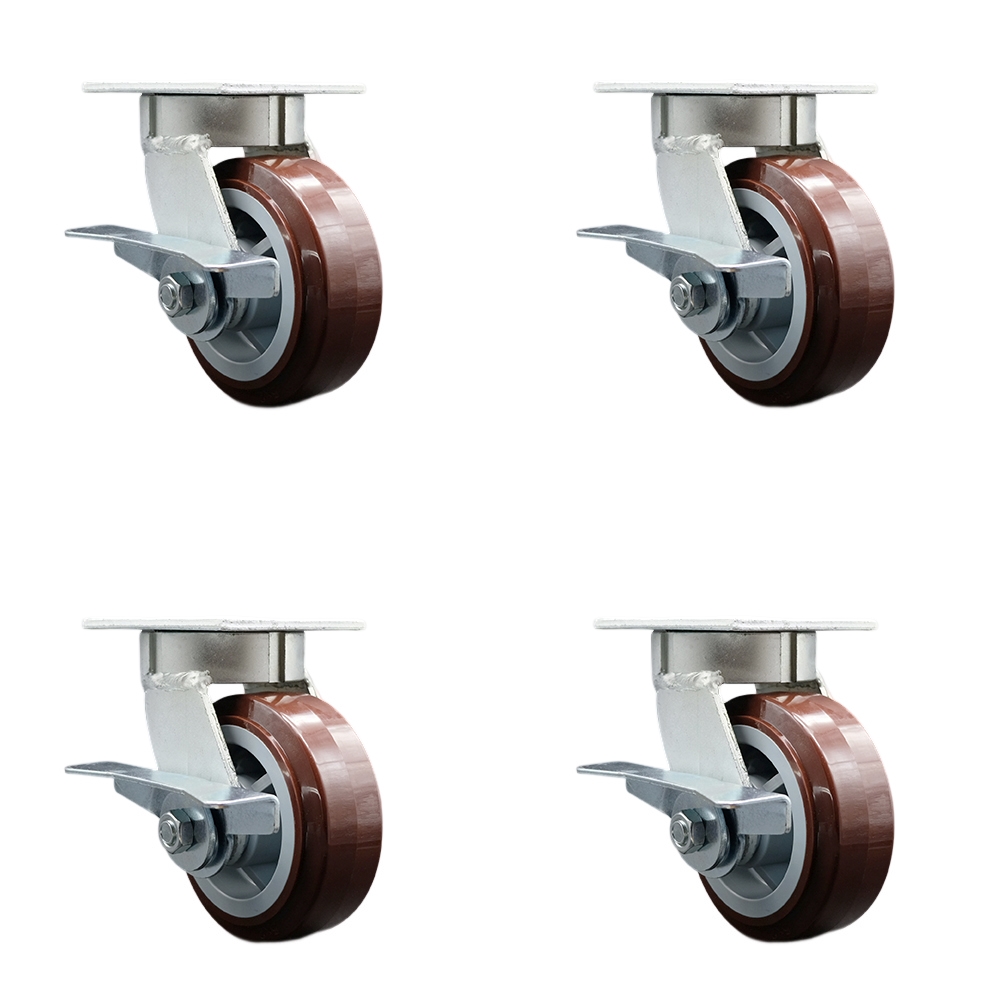 Heavy Duty Kingpinless Swivel Caster Set of 4 with 5 Inch Polyurethane Wheels and Ball Bearings - Includes 4 Swivel with Side Lock Brakes - 3,000 lbs. Total Capacity - Service Caster Brand — photo 1