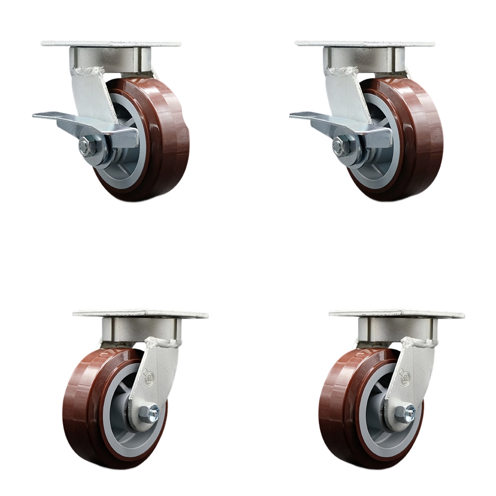 Kingpinless Poly on Polyolefin Swivel Top Plate Caster Set 4 w/5" x 2" Maroon Wheels-Includes 2 Swvl w/Brakes and Bolt on Swvl Lcks&2 Swvl w/Bolt on Swvl Lcks-3000lbs Total Cpty - Service Caster Brand — photo 1