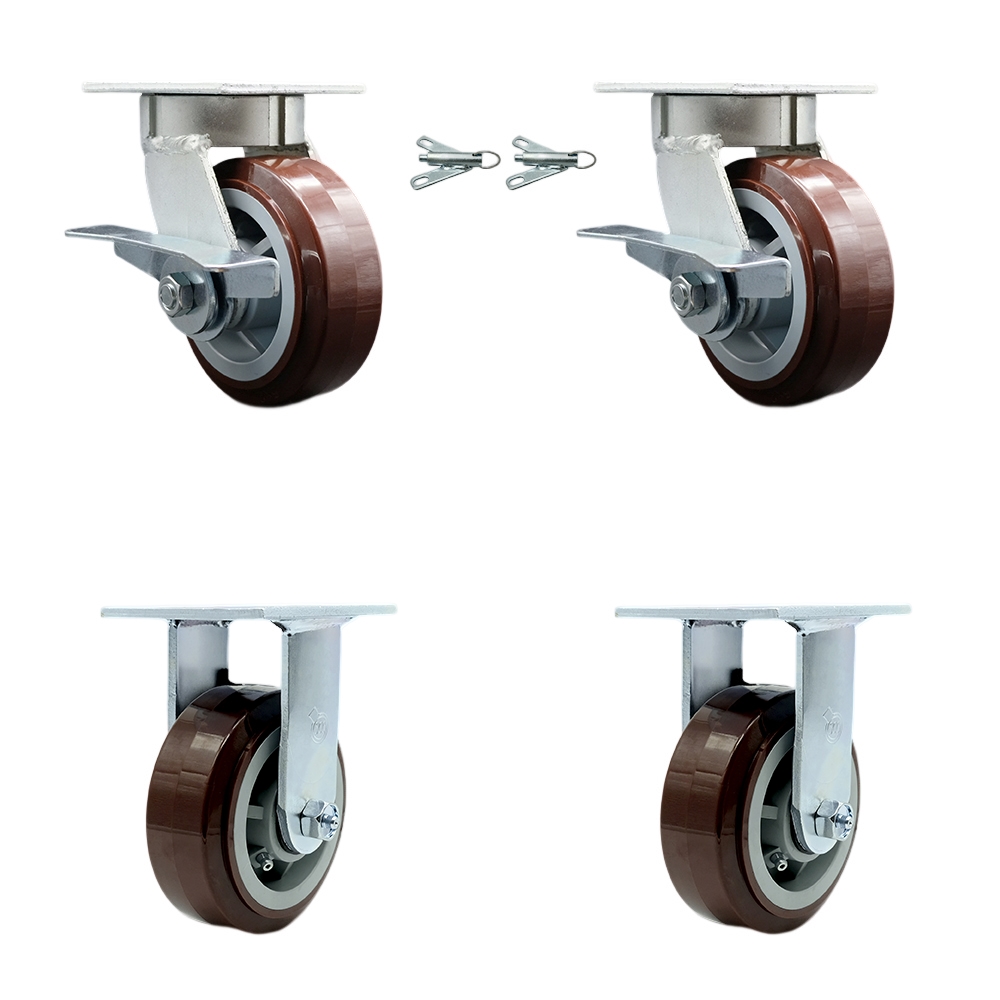 Kingpinless Polyurethane on Polyolefin Swivel Top Plate Caster Set of 4 w/5" x 2" Maroon Wheels-Includes 2 Swivel with Brakes and Bolt on Swivel Locks & 2 Rigid-3000lbs Total Cpty-Service Caster Brand — photo 1