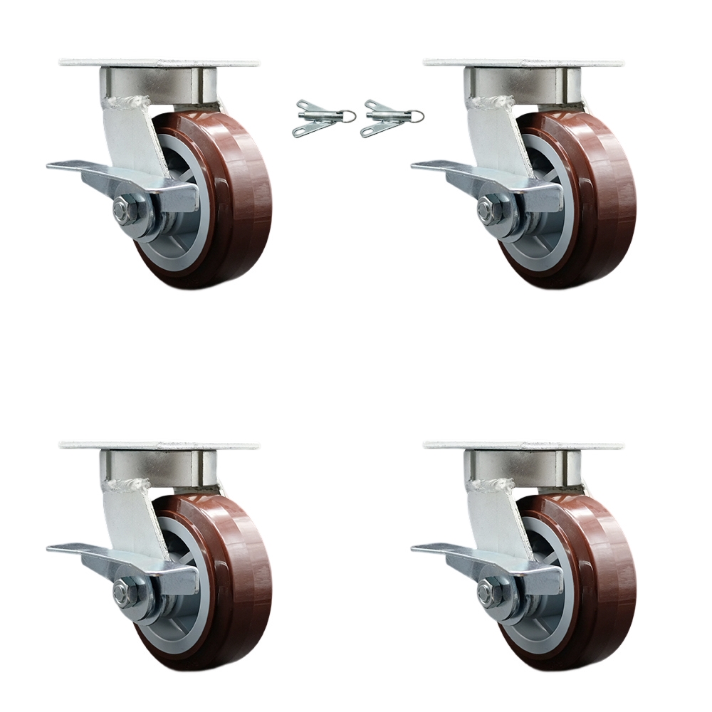 Kingpinless Poly on Polyolefin Swivel Top Plate Caster Set 4 w/5" x 2" Maroon Wheels-Includes 2 Swivel w/Brakes and Bolt on Swivel Locks&2 Swivel with Brakes-3000 lbs Total Cpty - Service Caster Brand — photo 1