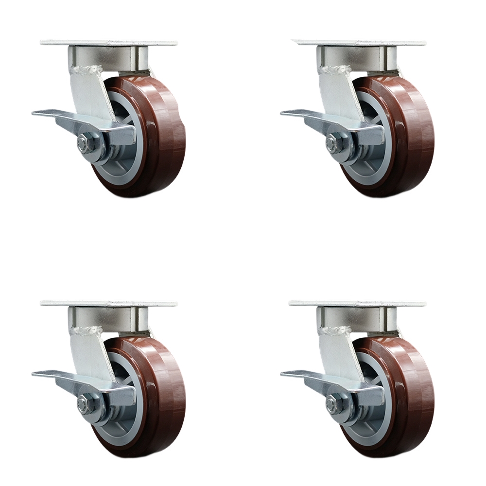 Heavy Duty Kingpinless Swivel Caster Set of 4 with 5 Inch Polyurethane Wheels and Ball Bearings - Includes 4 Swivel with Side Lock Brakes and Bolt on Swivel Locks - Service Caster Brand — photo 1