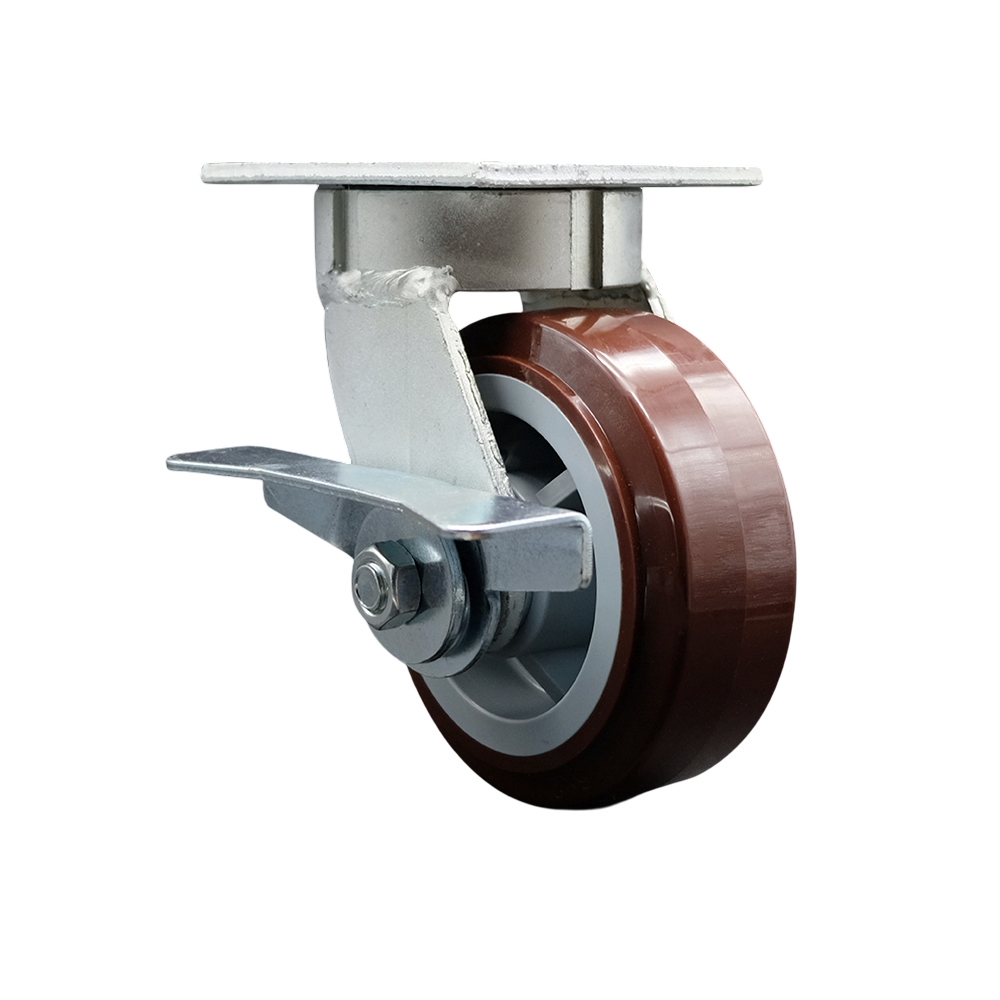 Kingpinless Polyurethane on Polyolefin Swivel Top Plate Caster w/5" x 2" Maroon Wheel & Side Lck Brake - 750 lbs Capacity/Caster - Service Caster Brand — photo 1