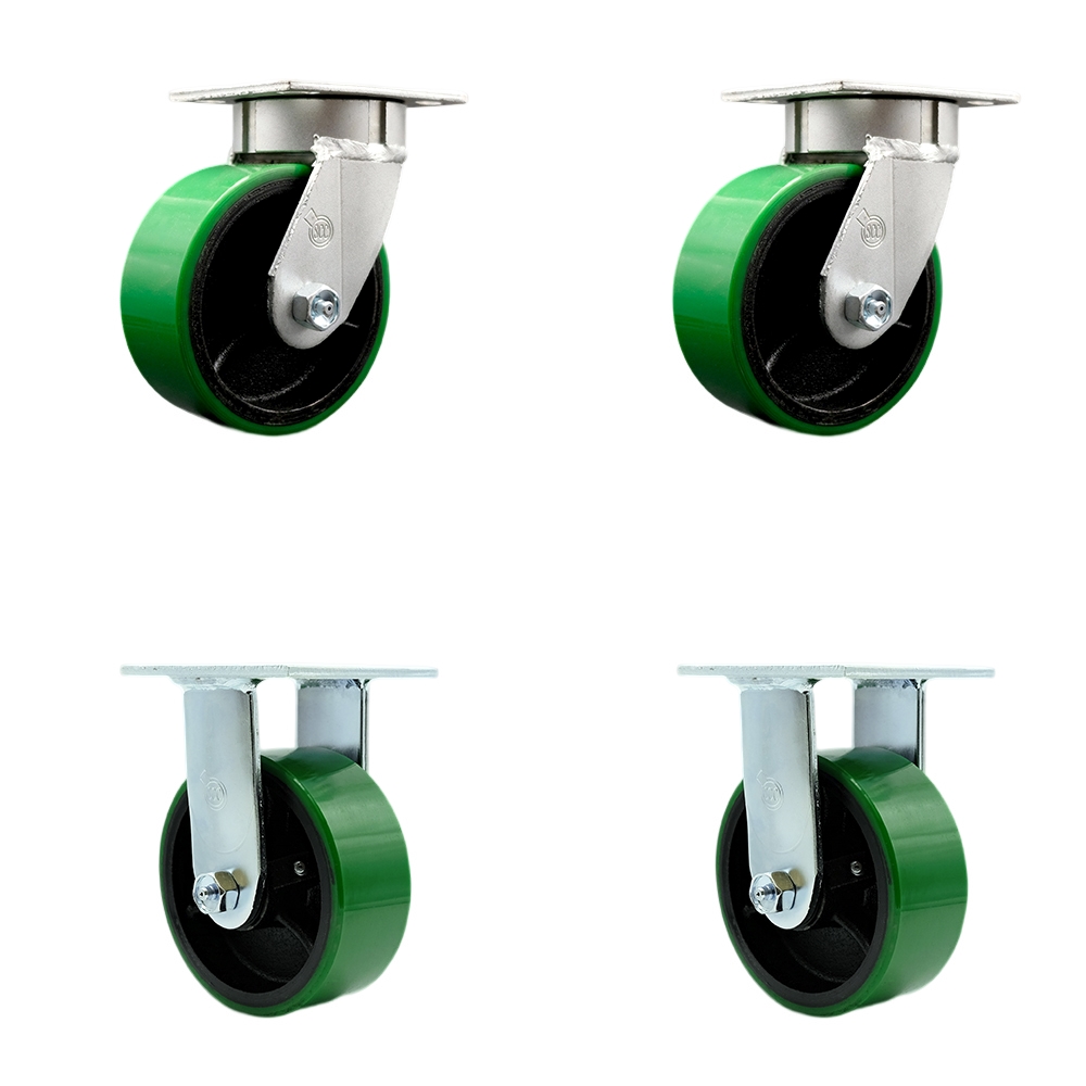Kingpinless Polyurethane on Cast Iron Swivel Top Plate Caster Set of 4 w/5" x 2" Green Wheels - Includes 2 Swivel & 2 Rigid - 3600 lbs Total Capacity - Service Caster Brand — photo 1