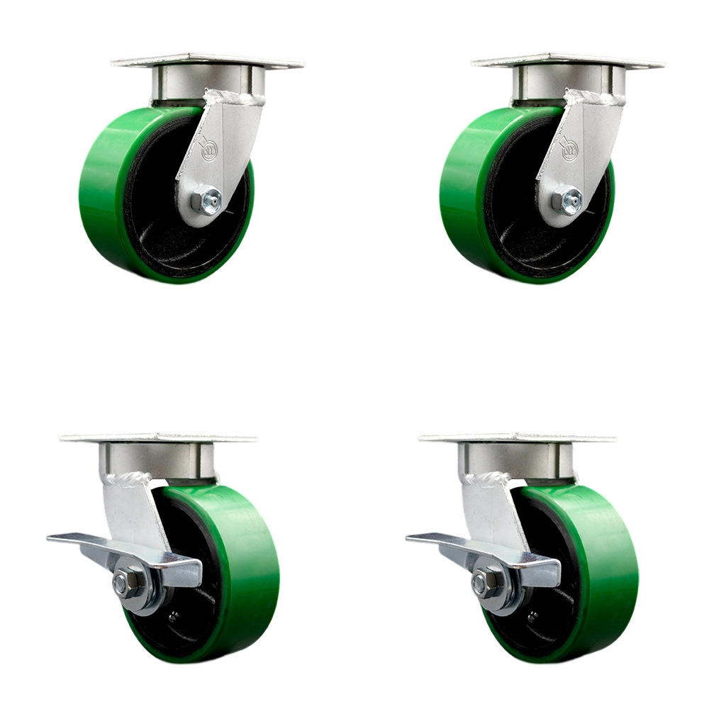 Kingpinless Polyurethane on Cast Iron Swivel Top Plate Caster Set of 4 w/5" x 2" Green Wheels - Includes 2 Swivel with Brakes & 2 Swivel - 3600 lbs Total Capacity - Service Caster Brand — photo 1