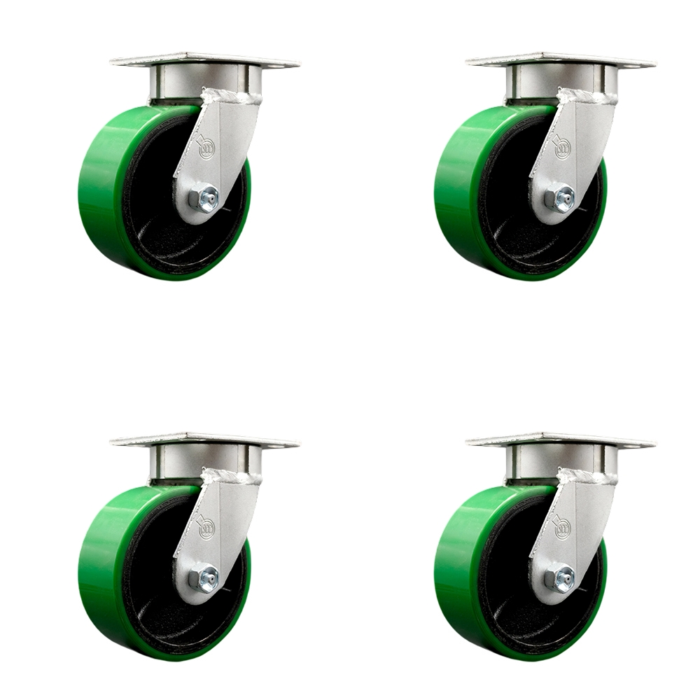Kingpinless Polyurethane on Cast Iron Swivel Top Plate Caster Set of 4 w/5" x 2" Green Wheels - Includes 4 Swivel - 3600 lbs Total Capacity - Service Caster Brand — photo 1