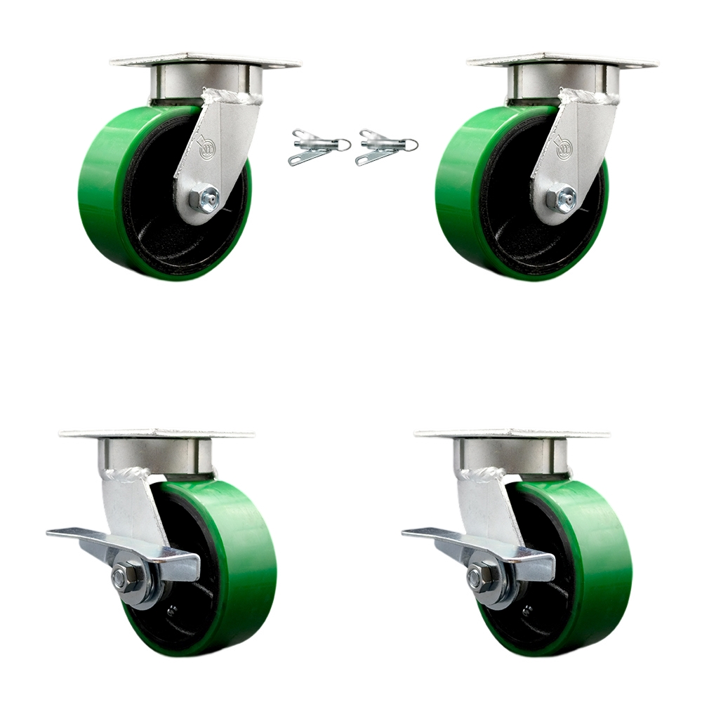 Kingpinless Polyurethane on Cast Iron Swivel Top Plate Caster Set of 4 w/5" x 2" Green Wheels-Includes 2 Swivel with Bolt on Swivel Locks&2 Swivel with Brakes-3600lbs Total Cpty - Service Caster Brand — photo 1