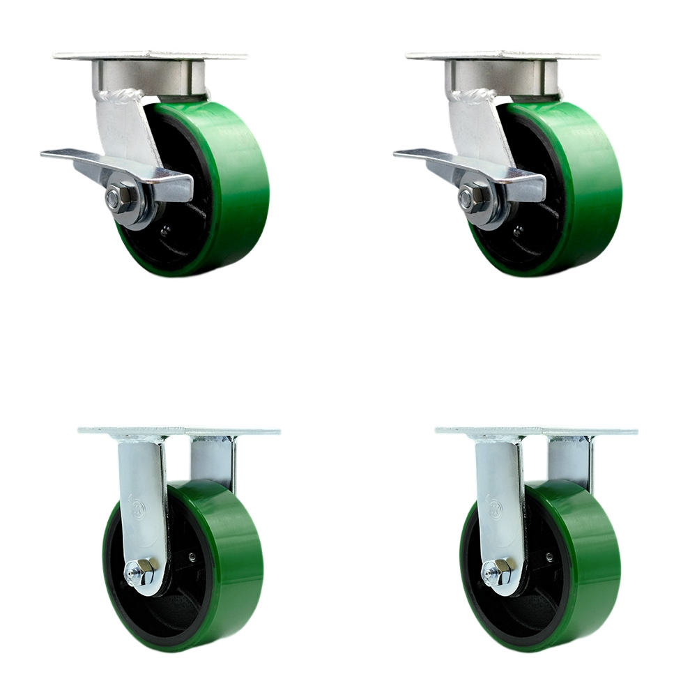 Kingpinless Polyurethane on Cast Iron Swivel Top Plate Caster Set of 4 w/5" x 2" Green Wheels - Includes 2 Swivel with Brakes & 2 Rigid - 3600 lbs Total Capacity - Service Caster Brand — photo 1