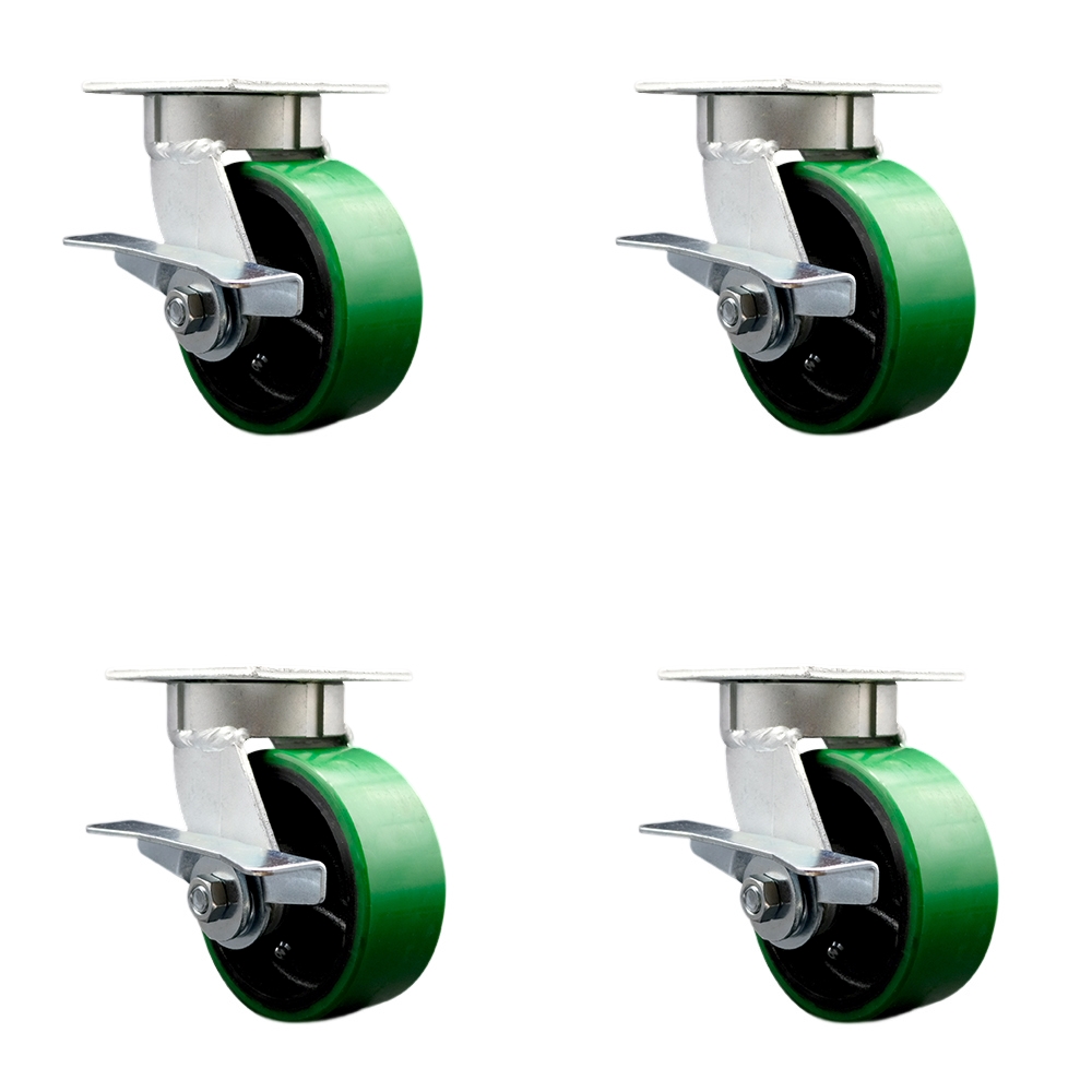 Heavy Duty Kingpinless Swivel Caster Set of 4 with 5 Inch Green Poly on Cast Iron Wheels and Ball Bearings - Includes 4 Swivel with Side Lock Brakes - 4,000 lbs. Total Capacity - Service Caster Brand — photo 1