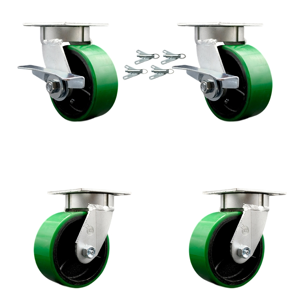 Kingpinless Poly on Cast Iron Swivel Top Plate Caster Set 4 w/5" x 2" Green Wheels-Includes 2 Swvl w/Brakes and Bolt on Swvl Lcks& 2 Swvl w/Bolt on Swvl Lcks-3600 lbs Total Cpty - Service Caster Brand — photo 1
