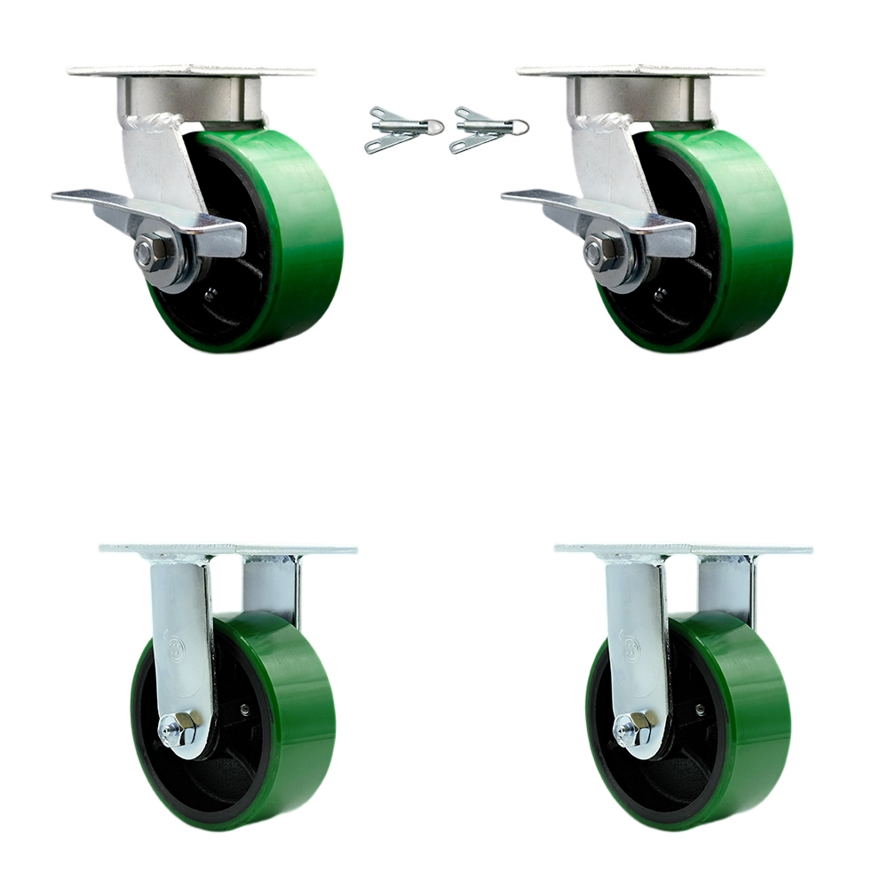 Heavy Duty Kingpinless Swivel Caster Set of 4 with 5 Inch Green Poly on Cast Iron Wheels and Ball Bearings - Includes 2 Swivel with Brakes and Bolt on Swivel Locks and 2 Rigid - Service Caster Brand — photo 1