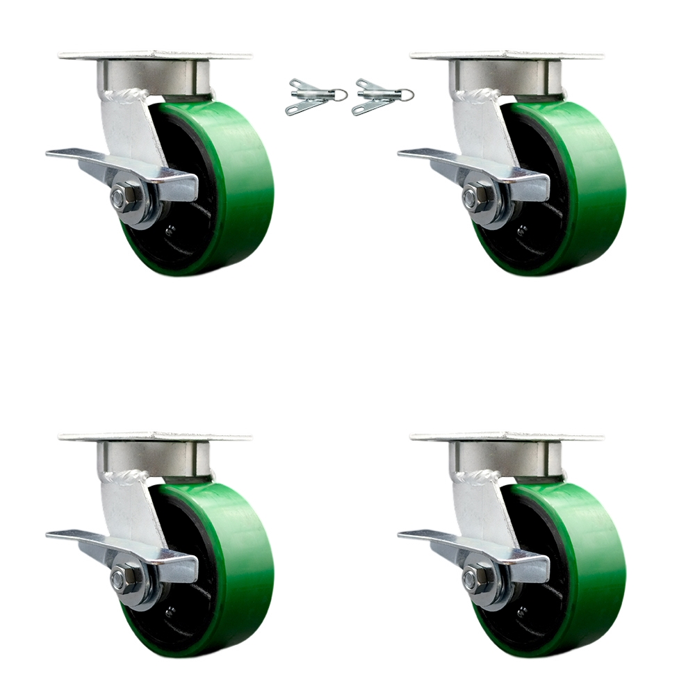 Kingpinless Poly on Cast Iron Swivel Top Plate Caster Set 4 w/5" x 2" Green Wheels-Includes 2 Swivel with Brakes and Bolt on Swivel Locks&2 Swivel with Brakes-3600 lbs Total Cpty- Service Caster Brand — photo 1
