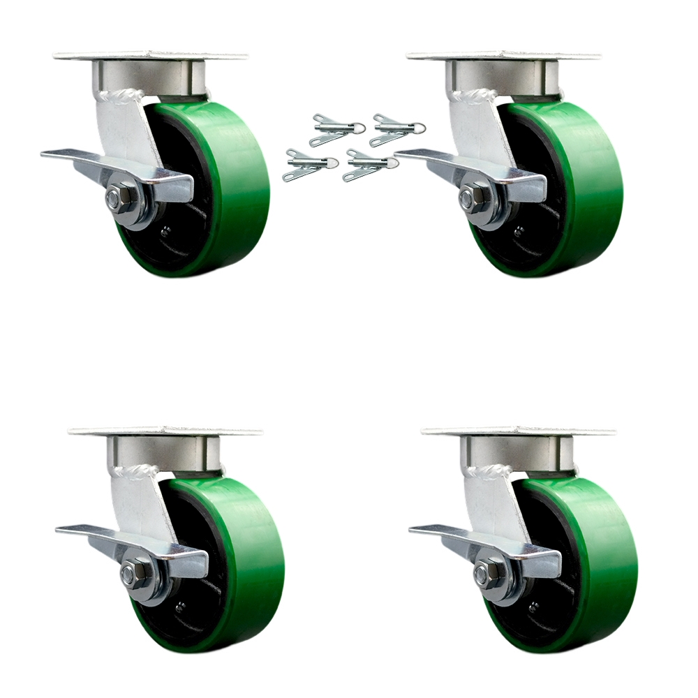 Kingpinless Polyurethane on Cast Iron Swivel Top Plate Caster Set of 4 w/5" x 2" Green Wheels - Includes 4 Swivel w/Side Lck Brakes & Bolt on Swivel Locks-3600lbs Total Capacity - Service Caster Brand — photo 1