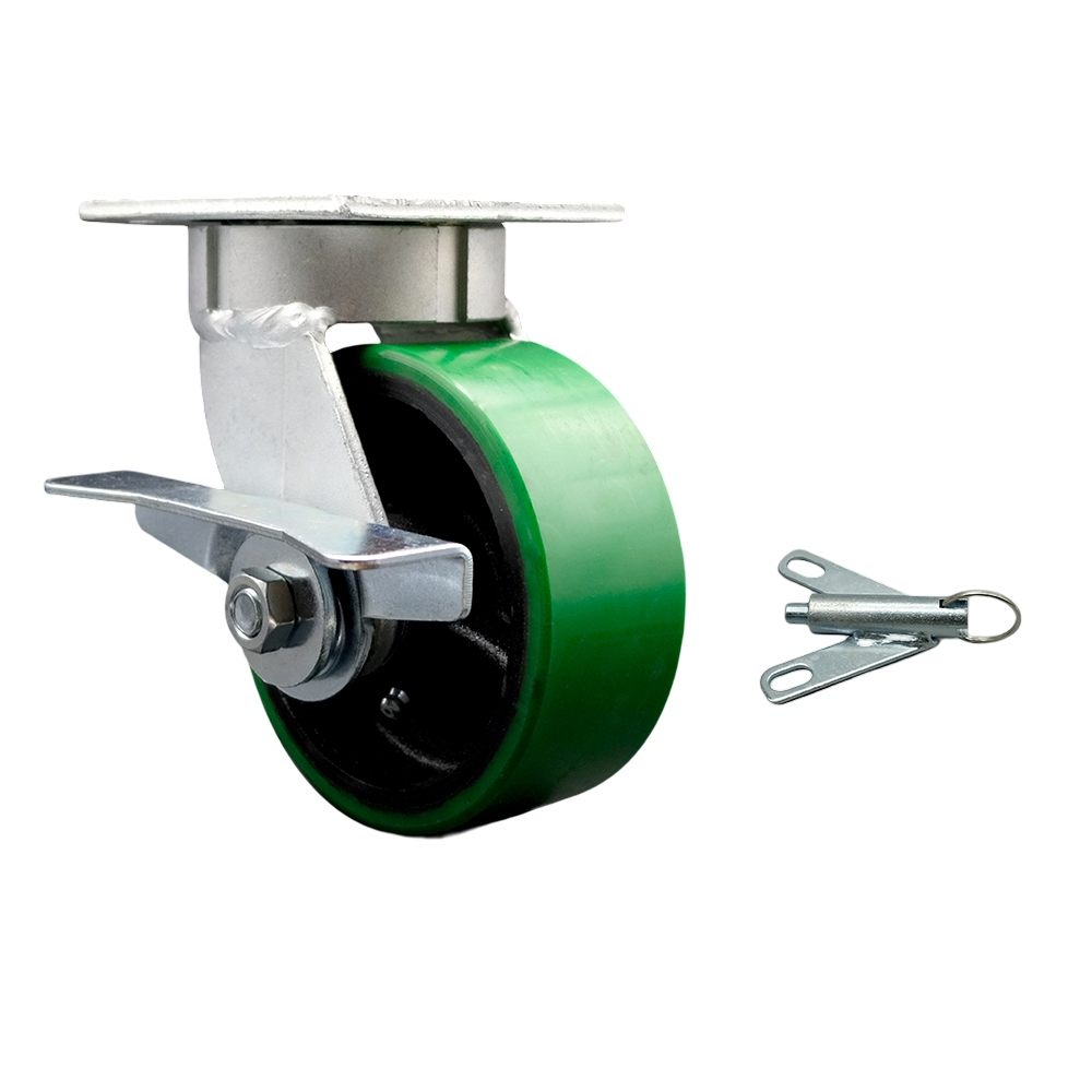 Kingpinless Polyurethane on Cast Iron Swivel Top Plate Caster w/5" x 2" Green Wheel & Side Lck Brake and Bolt on Swivel Lock - 900 lbs Capacity/Caster - Service Caster Brand — photo 1