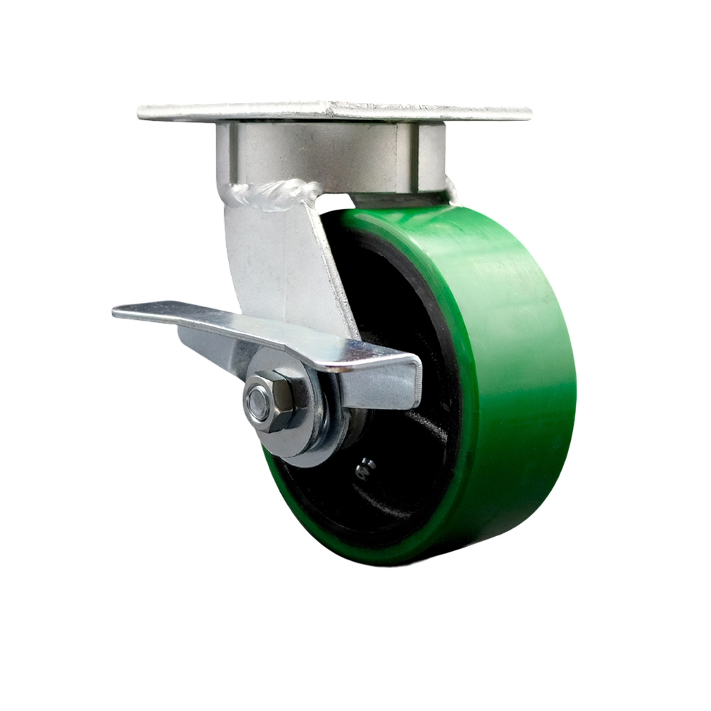 Kingpinless Polyurethane on Cast Iron Swivel Top Plate Caster w/5" x 2" Green Wheel & Side Lck Brake - 900 lbs Capacity/Caster - Service Caster Brand — photo 1