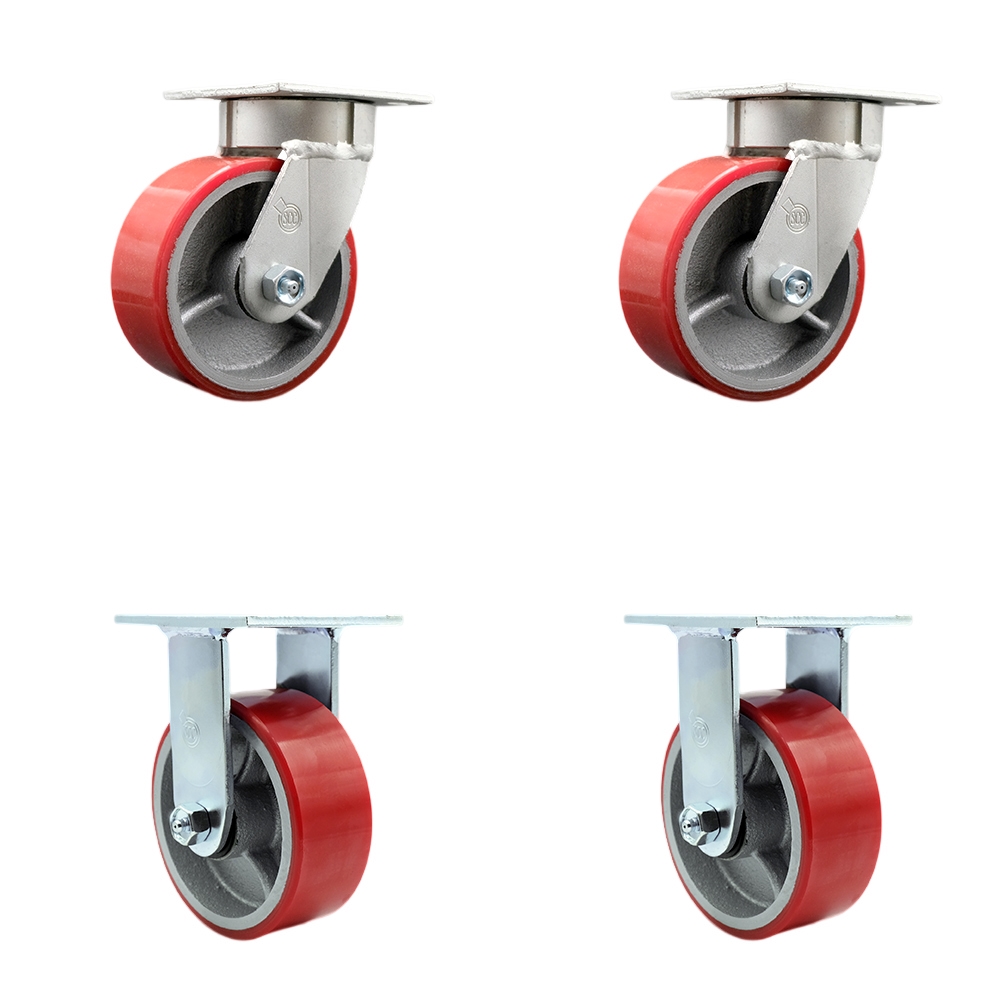 Heavy Duty Kingpinless Swivel Caster Set of 4 with 5 Inch Red Polyurethane on Cast Iron Wheels and Ball Bearings - Includes 2 Swivel and 2 Rigid - 4,000 lbs. Total Capacity - Service Caster Brand — photo 1