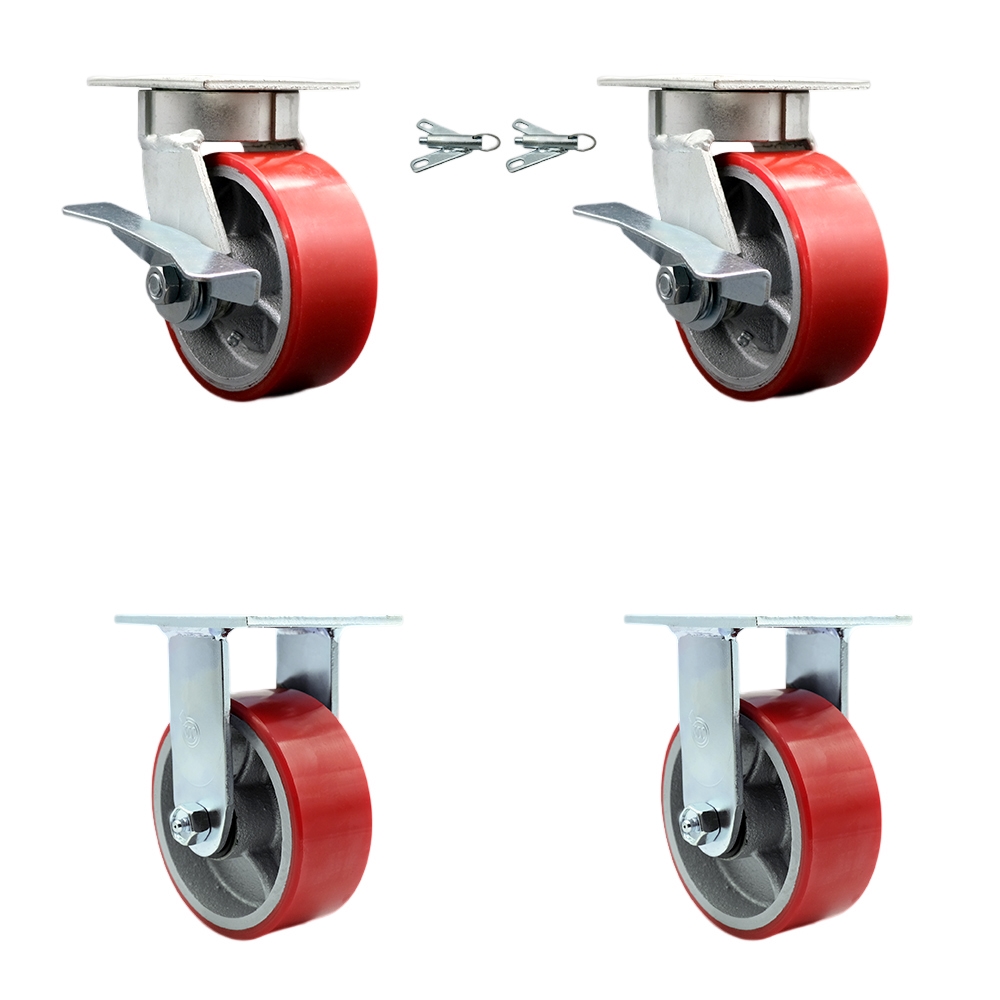 Kingpinless Polyurethane on Cast Iron Swivel Top Plate Caster Set of 4 w/5" x 2" Red Wheels - Includes 2 Swivel with Bolt on Swivel Locks & 2 Rigid - 3600 lbs Total Capacity - Service Caster Brand — photo 1