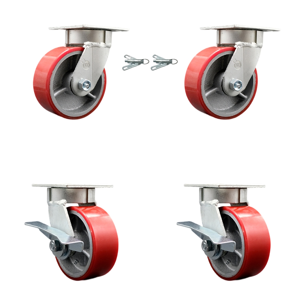Kingpinless Polyurethane on Cast Iron Swivel Top Plate Caster Set of 4 w/5" x 2" Red Wheels-Includes 2 Swivel with Bolt on Swivel Locks& 2 Swivel with Brakes-3600 lbs Total Cpty - Service Caster Brand — photo 1