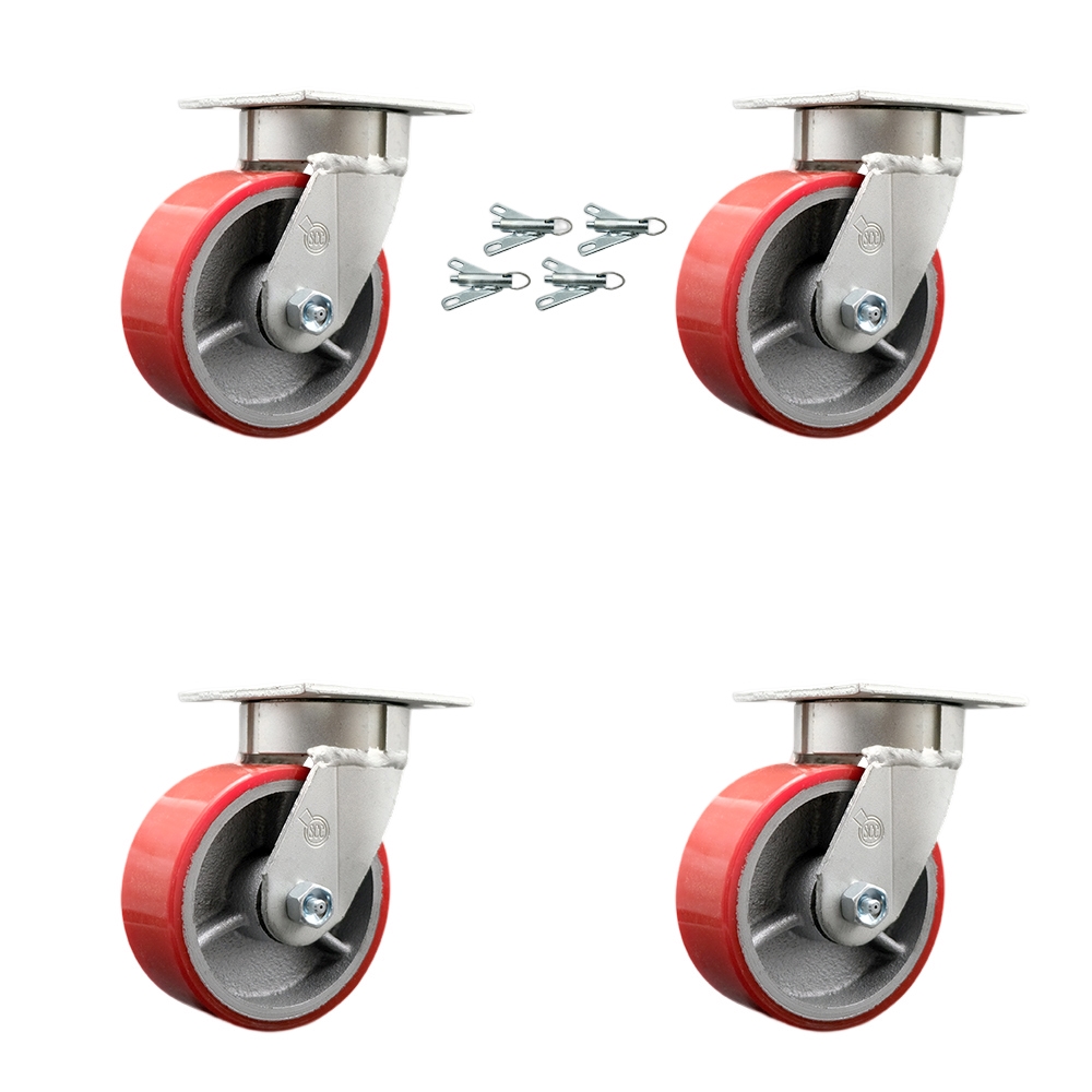 Kingpinless Polyurethane on Cast Iron Swivel Top Plate Caster Set of 4 w/5" x 2" Red Wheels - Includes 4 Swivel w/Bolt on Swivel Locks - 3600 lbs Total Capacity - Service Caster Brand — photo 1
