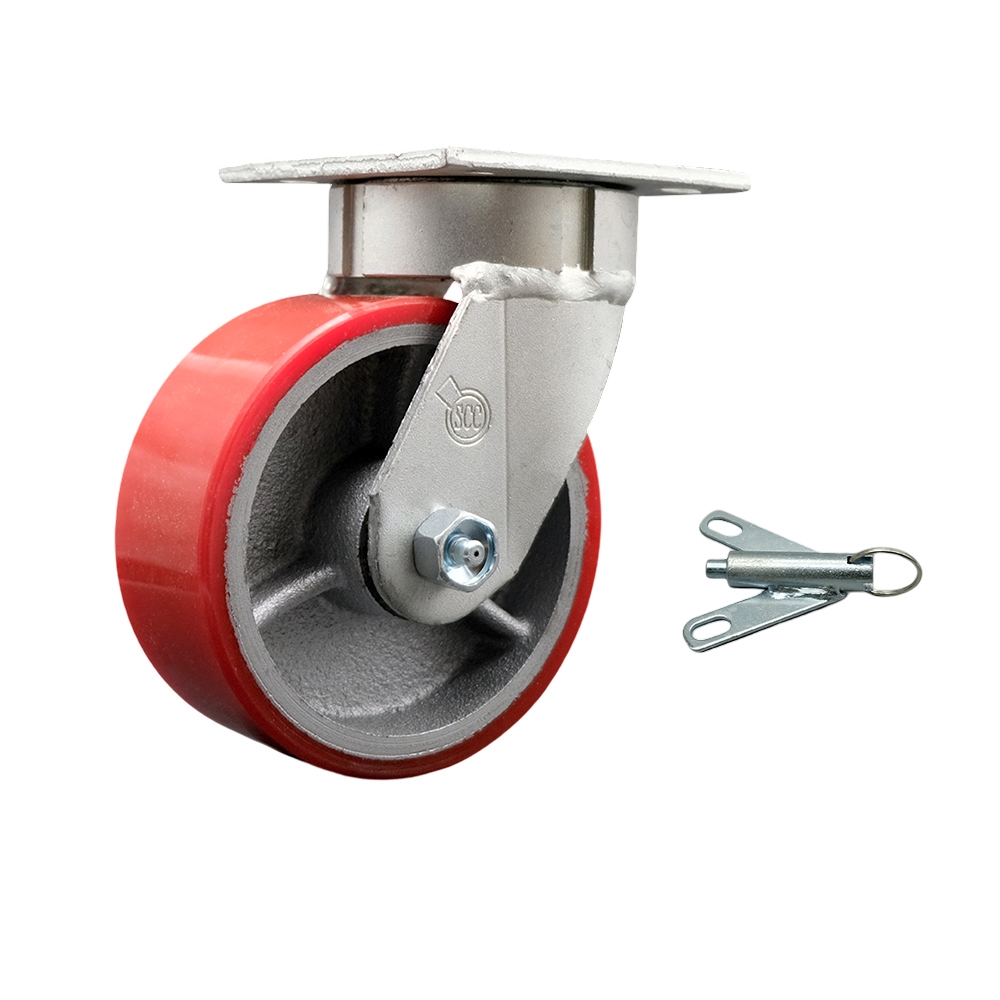 Kingpinless Polyurethane on Cast Iron Swivel Top Plate Caster w/5" x 2" Red Wheel & Bolt on Swivel Lock - 900 lbs Capacity/Caster - Service Caster Brand — photo 1