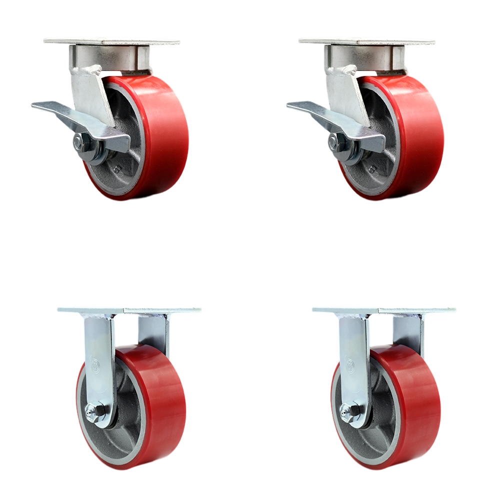 Kingpinless Polyurethane on Cast Iron Swivel Top Plate Caster Set of 4 w/5" x 2" Red Wheels - Includes 2 Swivel with Brakes & 2 Rigid - 3600 lbs Total Capacity - Service Caster Brand — photo 1