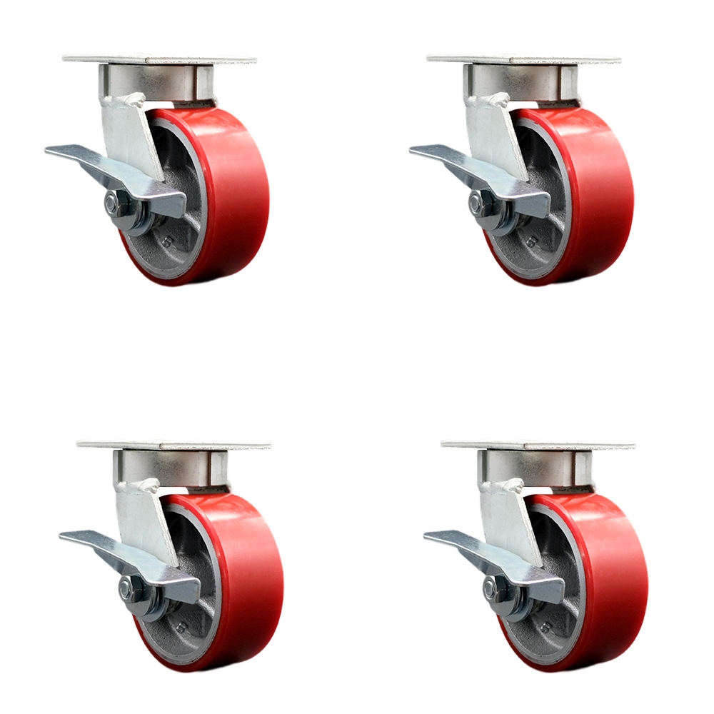 Kingpinless Polyurethane on Cast Iron Swivel Top Plate Caster Set of 4 w/5" x 2" Red Wheels - Includes 4 Swivel w/Side Lck Brakes - 3600 lbs Total Capacity - Service Caster Brand — photo 1