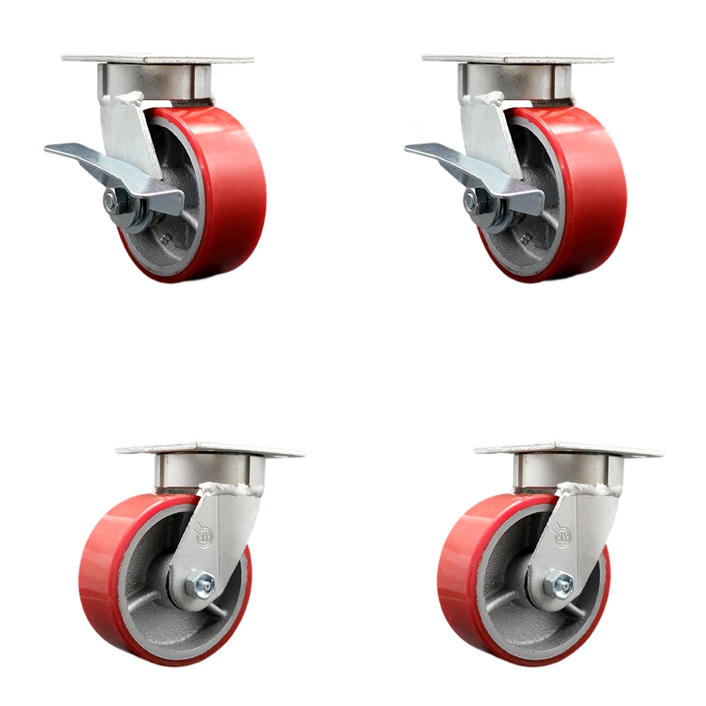 Kingpinless Poly on Cast Iron Swivel Top Plate Caster Set 4 w/5" x 2" Red Wheels-Includes 2 Swvl w/Brakes and Bolt on Swvl Lcks&2 Swvl w/Bolt on Swvl Lcks - 3600lbs Total Cpty - Service Caster Brand — photo 1