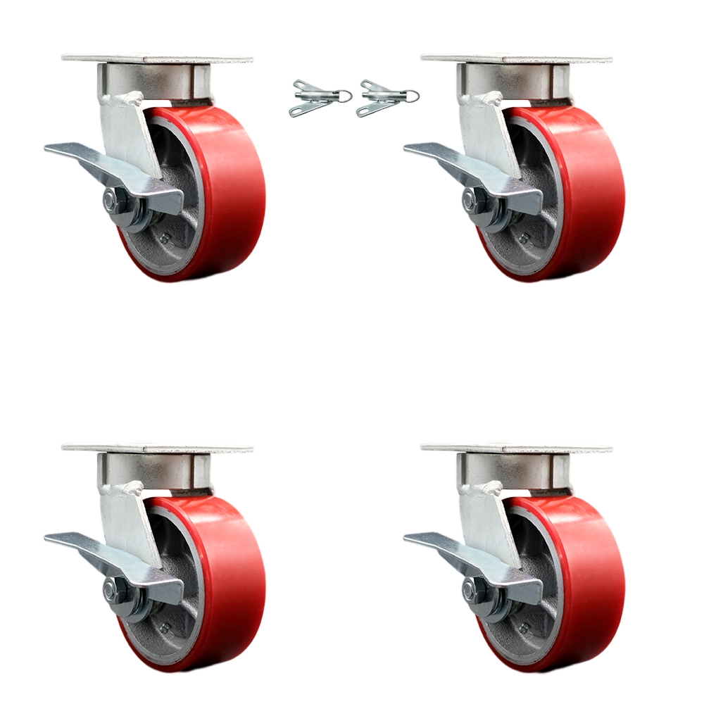 Kingpinless Poly on Cast Iron Swivel Top Plate Caster Set 4 w/5" x 2" Red Wheels-Includes 2 Swivel with Brakes and Bolt on Swivel Locks&2 Swivel with Brakes-3600 lbs Total Cpty - Service Caster Brand — photo 1