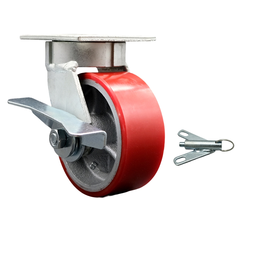 Kingpinless Polyurethane on Cast Iron Swivel Top Plate Caster w/5" x 2" Red Wheel & Side Lck Brake and Bolt on Swivel Lock - 900 lbs Capacity/Caster - Service Caster Brand — photo 1