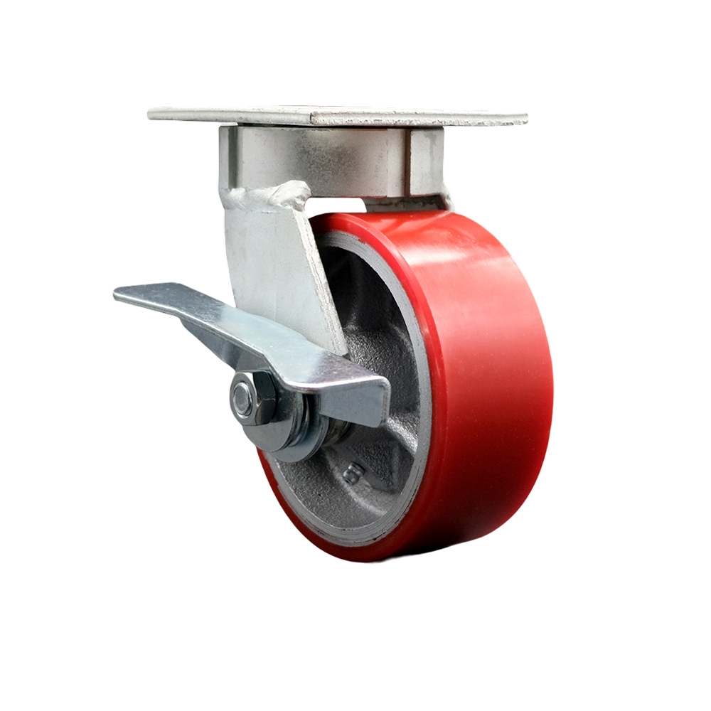 Kingpinless Polyurethane on Cast Iron Swivel Top Plate Caster w/5" x 2" Red Wheel & Side Lck Brake - 900 lbs Capacity/Caster - Service Caster Brand — photo 1