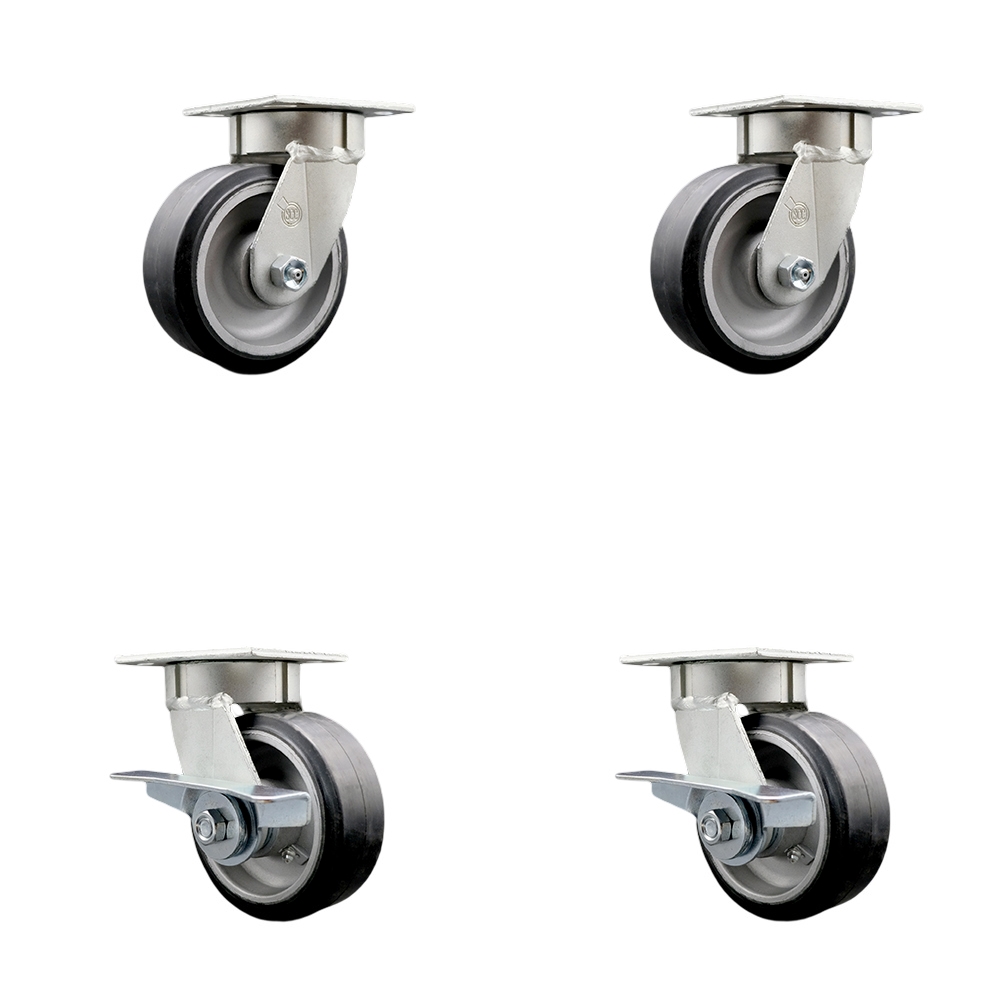 Heavy Duty Kingpinless Swivel Caster Set of 4 with 5 Inch Rubber on Aluminum Wheels and Ball Bearings -Includes 2 Swivel with Brakes and 2 Swivel - 2,000 lbs. Total Capacity - Service Caster Brand — photo 1
