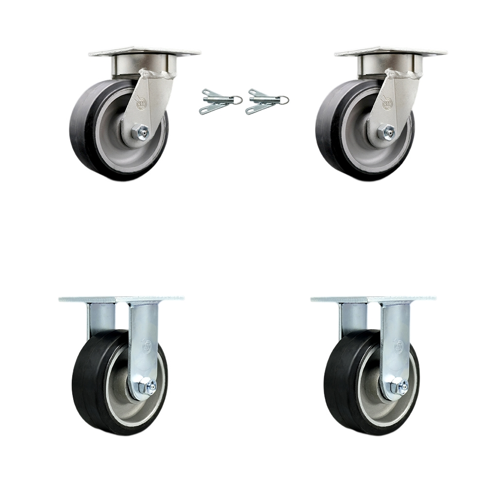 Kingpinless Rubber on Aluminum Swivel Top Plate Caster Set of 4 w/5" x 2" Black Wheels - Includes 2 Swivel with Bolt on Swivel Locks & 2 Rigid - 2000 lbs Total Capacity - Service Caster Brand — photo 1